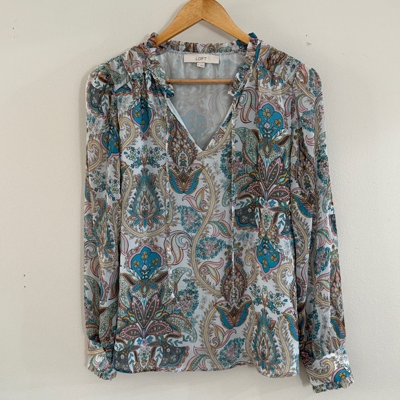 LOFT Paisley Tie Blouse Ruffle Trim Teal Aqua Small - Picture 1 of 11